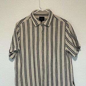 Striped Short-Sleeve Button-Down Shirt - Cream & Navy